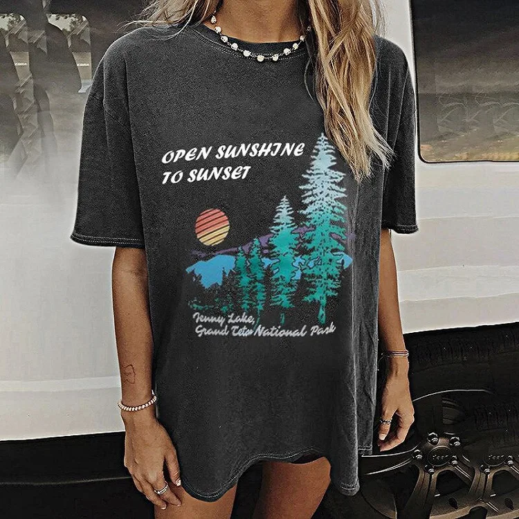 

Harajuku Summer Woman T-shirts Casual Loose Forest Sunset Letter Print Short Sleeve O Neck Graphic Y2k Clothes Shirts Tee Tops