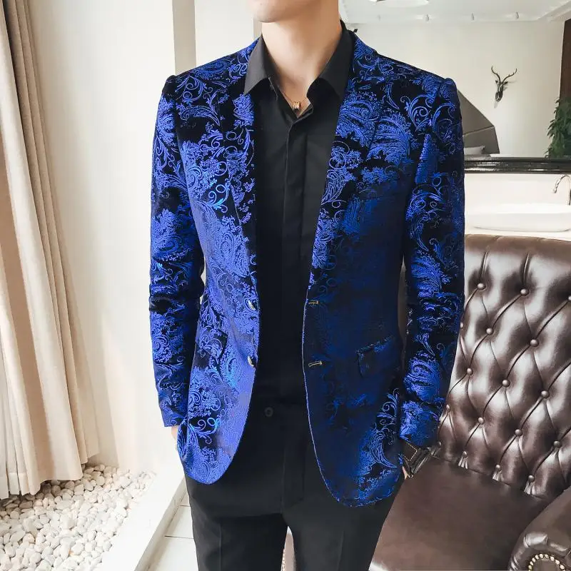 

Luxury Blue Printed Men Blazer Slim Fit Blazer Masculino Wedding Party Blazer Jacket Plus Size 5xl Coat Men Chaqueta Hombre