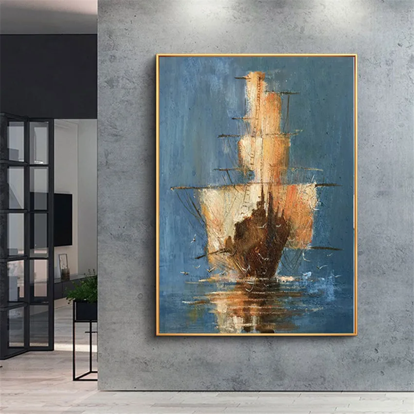 

handmade Modern Large Abstract white Blue sailboat on the sea Home Decor Picture seascape wall art Oil Painting On Canvas