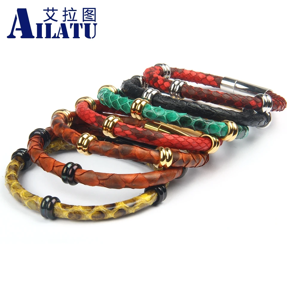 Ailatu Genuine Python Leather Bracelet with Stainless Steel Spacer Beads Clasp Buckle Bangle for Men Women | Украшения и