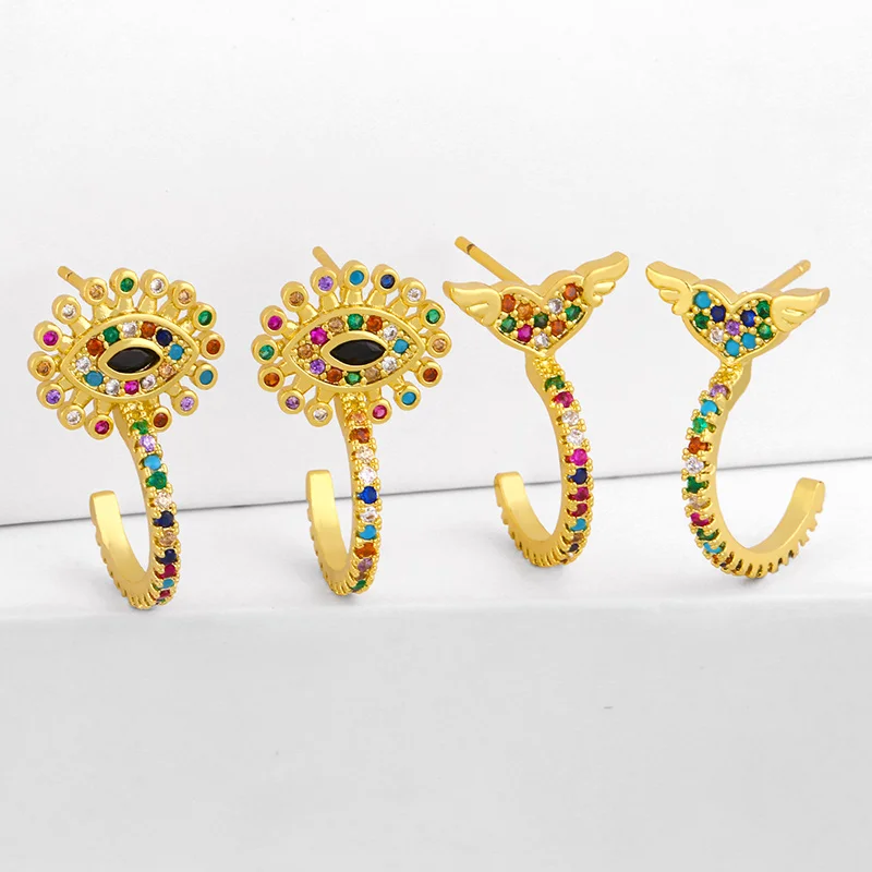 

Cute Crystal Evil Eye Stud Earrings For Women Cubic Zirconia Angel Wings Heart Earrings Stud Jewelry pendientes arcoiris erst52