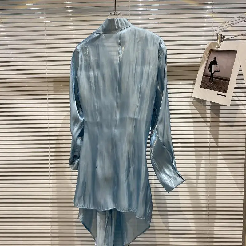 

2021 Summer New Plain Long Sleeve Elegant Loose Cross Long Shirt Coat Women Elastic Waist Short Skirt Two Piece Suit