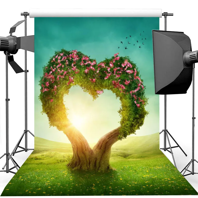 

Love Heart Tree Valentine's Day Photography Backdrops For Photo Studio Green Meadow Yellow Flower Wedding Background Photography