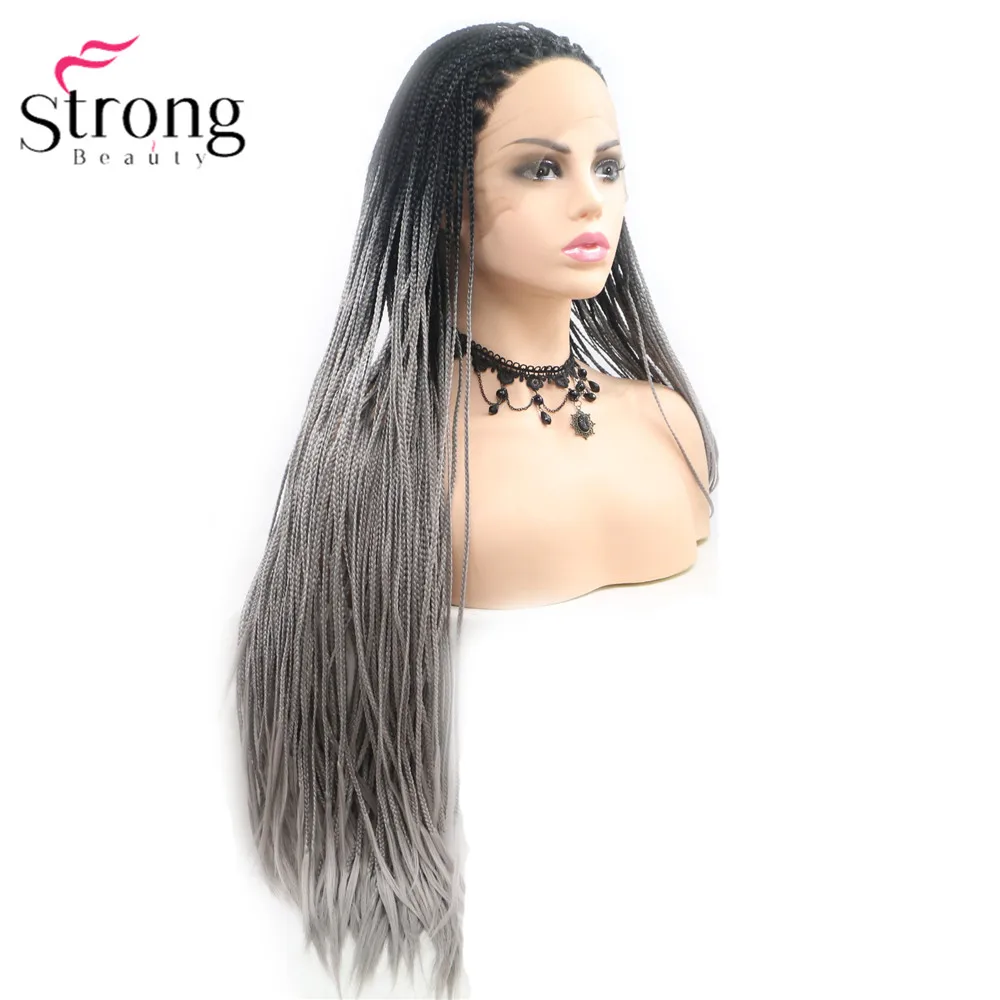 StrongBeauty коробка коса Кружева спереди длинный черный парик Омбре Синтетический Плетеный ящик косы парики для женщин