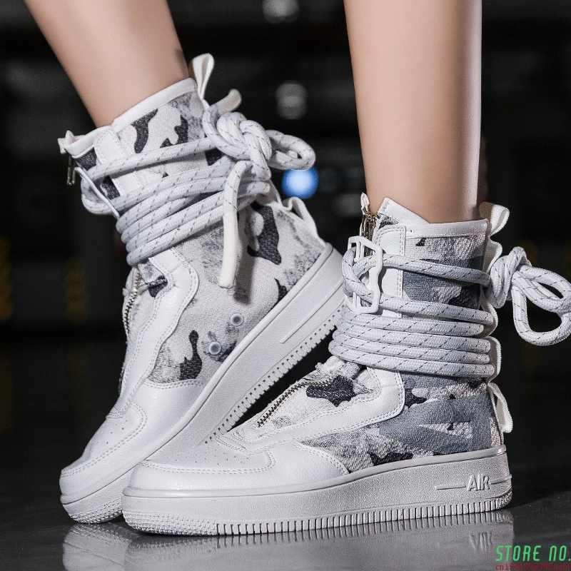 White High-top Shoes Couples Sports Casual Camouflage Canvas Boots AF1 Men Women Skateboarding Shoes Air Breathable Sneakers Aj