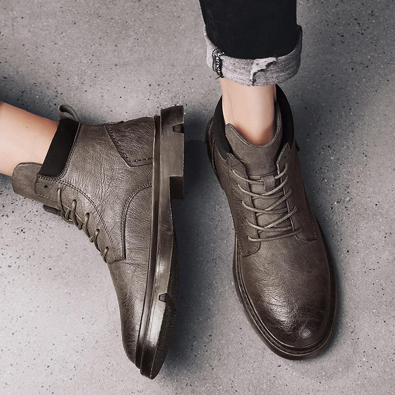 Ботильоны мужские из натуральной кожи мотоциклетные Нескользящие полусапожки