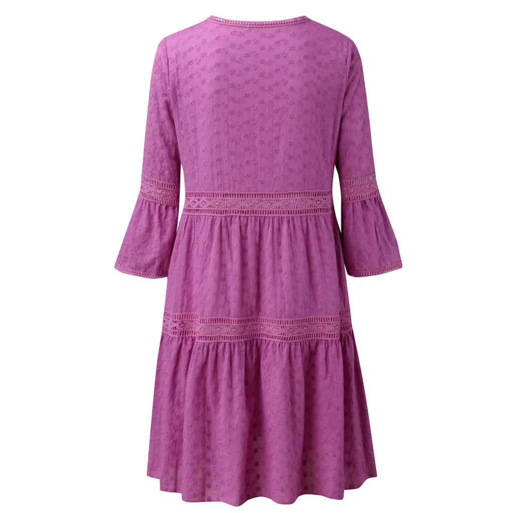 Платье для девочек, женское платье Boho, одноцветные платья с вырезом лодочкой, платья средней длины с рукавами 3/4, Прямая поставка 40