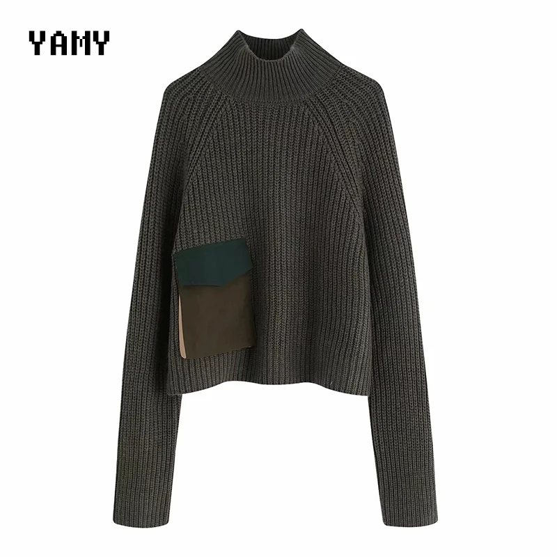 New arrival Womens turtleneeck green Sweater pocket patchwork vintage Winter Sweaters zora vicky chic Jumper Knitted Pullover | Женская