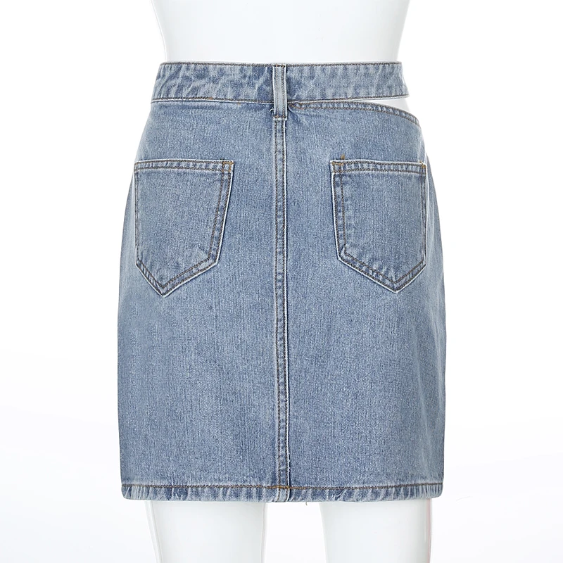 

Waatfaak Hollow Out Streetwear Blue Denim Skirt Straight Harajuku Mini Y2K Skirt Pockets Patchwork Summer High Waisted 90S 2000S