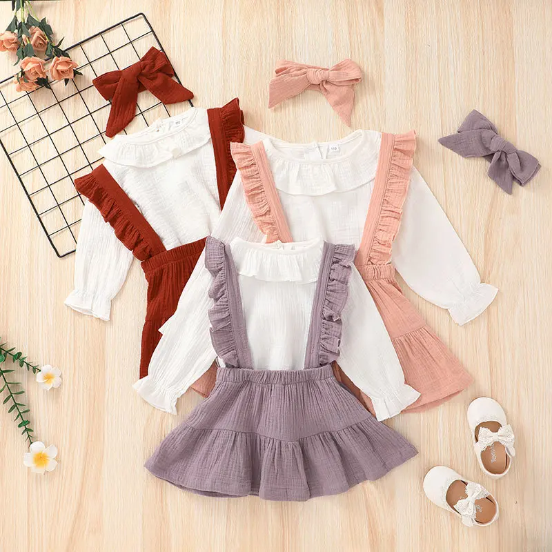 

Mosengkw Autumn Linen Sweet Girl Strap Dress Set with Headband Long Sleeve Baby Girl Dress Set