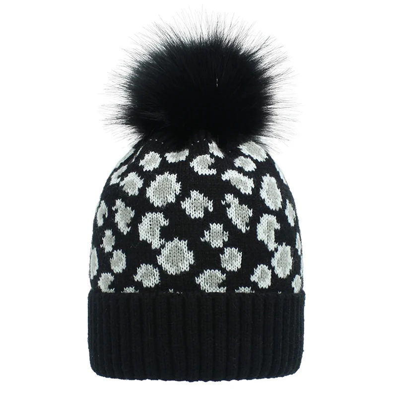 

New Leopard Print Wool Beanies Women Fur Pom Poms Knitted Hat Winter Hat for Women beanies Cap Hat for Girl
