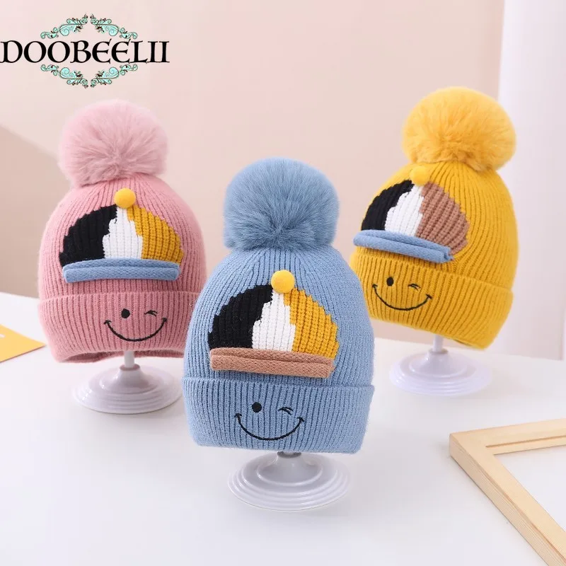 

Теплая шапка с меховым помпоном для мальчиков и девочек, осень и зима, средний и большой размер, Детская утолщенная миловидная шапка