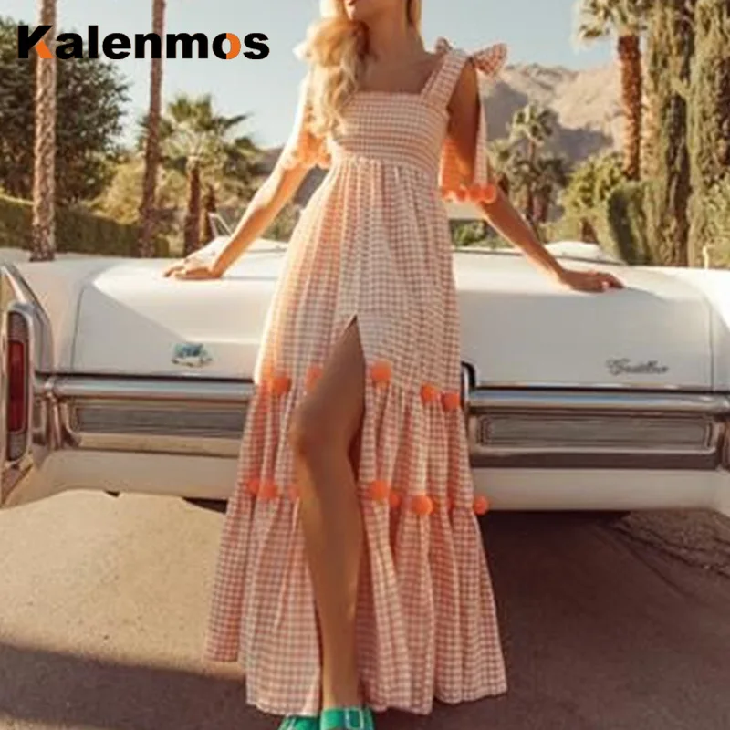 

Long Dress Women Casual Dresses Slash Neck Sleeveless Plaid Patchwork High Split Beach Vacation Vestidos Feminino Summer Maxi