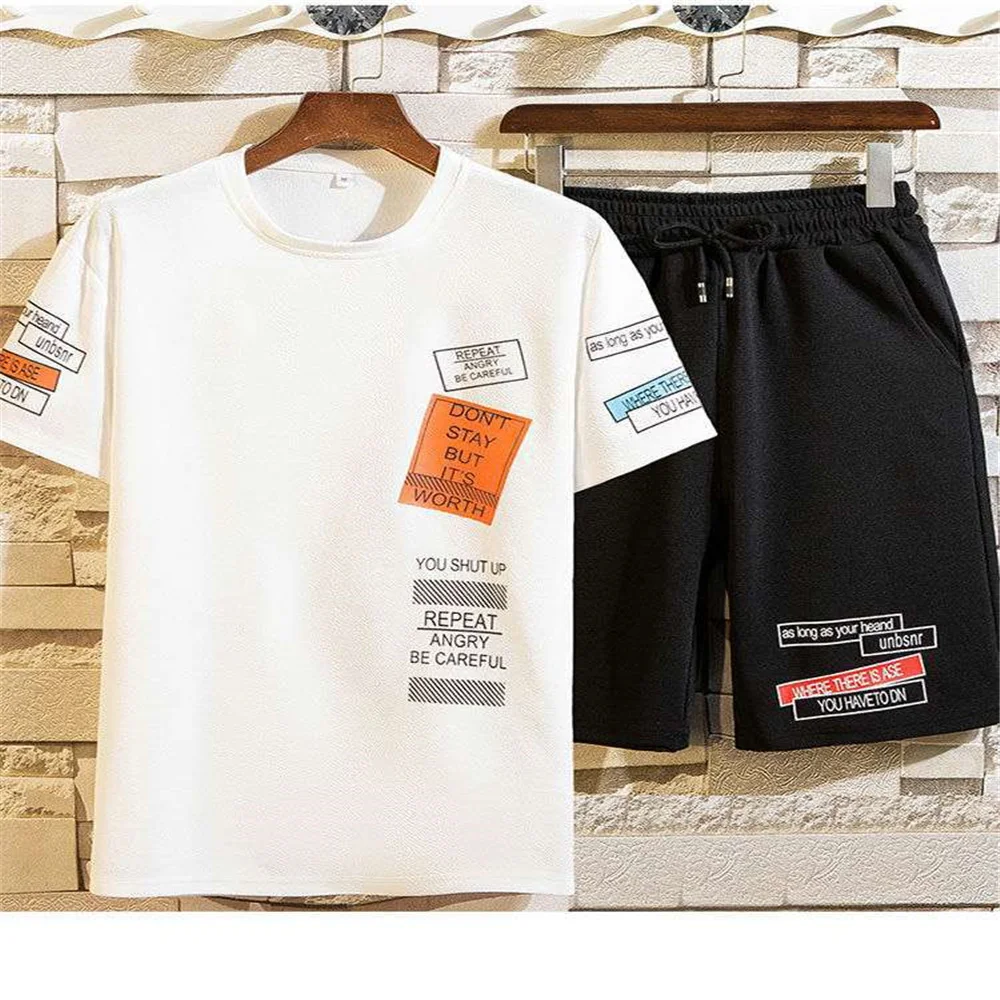 

2021 Summer New Men's Hip Hop Short Sleeve Suit Korean Fashion Clothes For Men Two Piece Set Streetwear Harajuku Tops Tshirt