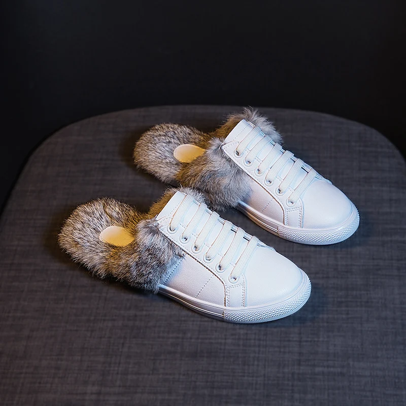 Уличные тапочки женская зимняя обувь с кроличьим мехом Новинка 2019 года теплые