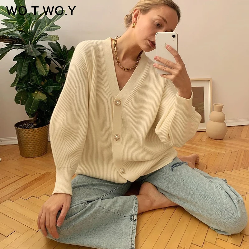 WOTWOY Single Breasted Cashmere V-Neck Cardigans Women Knitted Basic Pink Sweaters Autumn Winter Femme Jumpers |