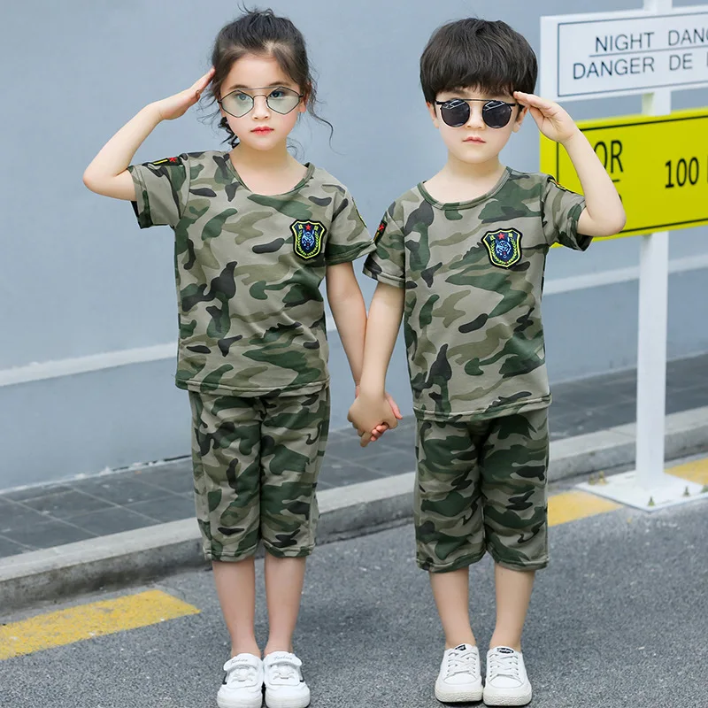 

2pcs kids set camouflage summer camp military training suits girl gym suit Kung Fu boys tracksuit sets sets boys gym children