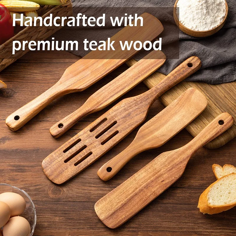 

5Pcs Wooden Spatula Set Wood Spoons for Cooking, Spurtles Wood Kitchen Natural Teak Utensils Tools