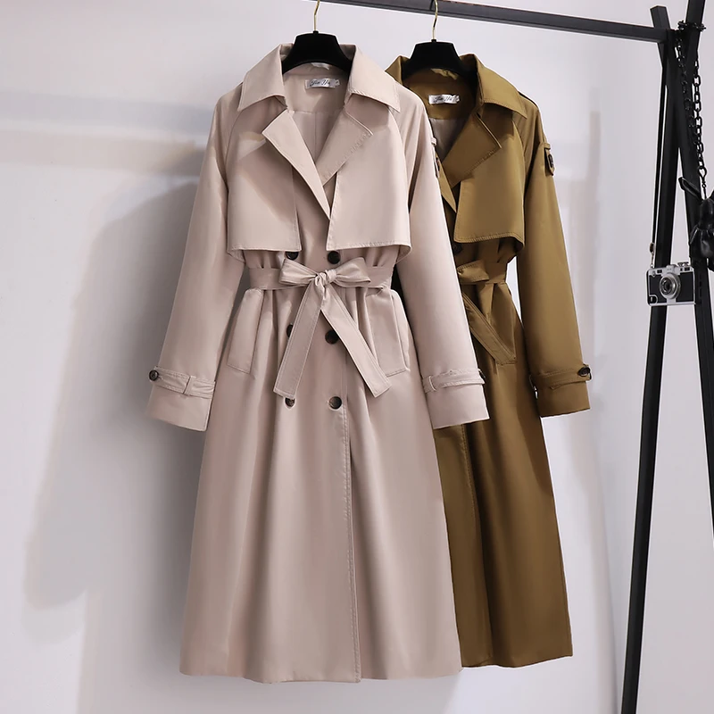 

Casual Female Turndown Collar Loose Long Trench Coat Autumn Women Double Breasted Windbreaker with Belt Ladies Ouwear