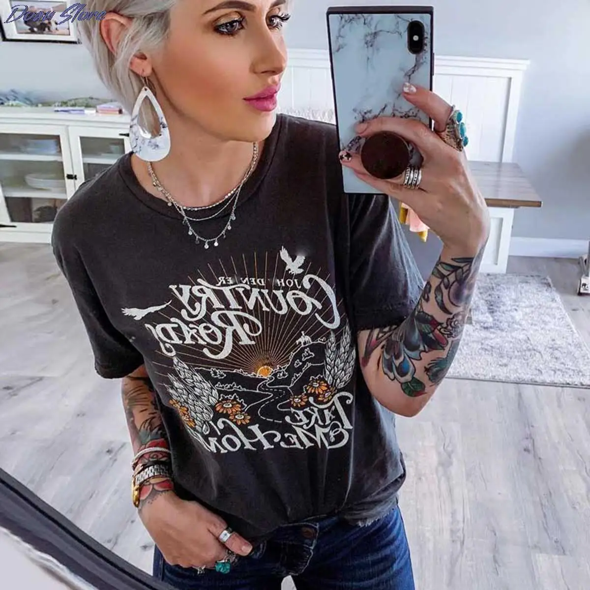 

Fashion Hippie Chic Graphic T-Shirts 2021 Summer Women's Tees Pattern Color Printing Round Collar Short Sleeve Tops