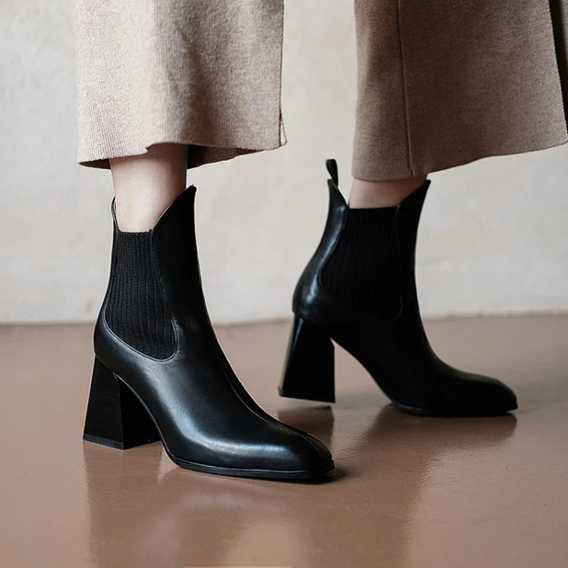 

Rizabina Real Leather Women Ankle Boots Thick High Heel Square Toe Slip On Shoes Winter Warm Boots Party Footwear Size 33-40