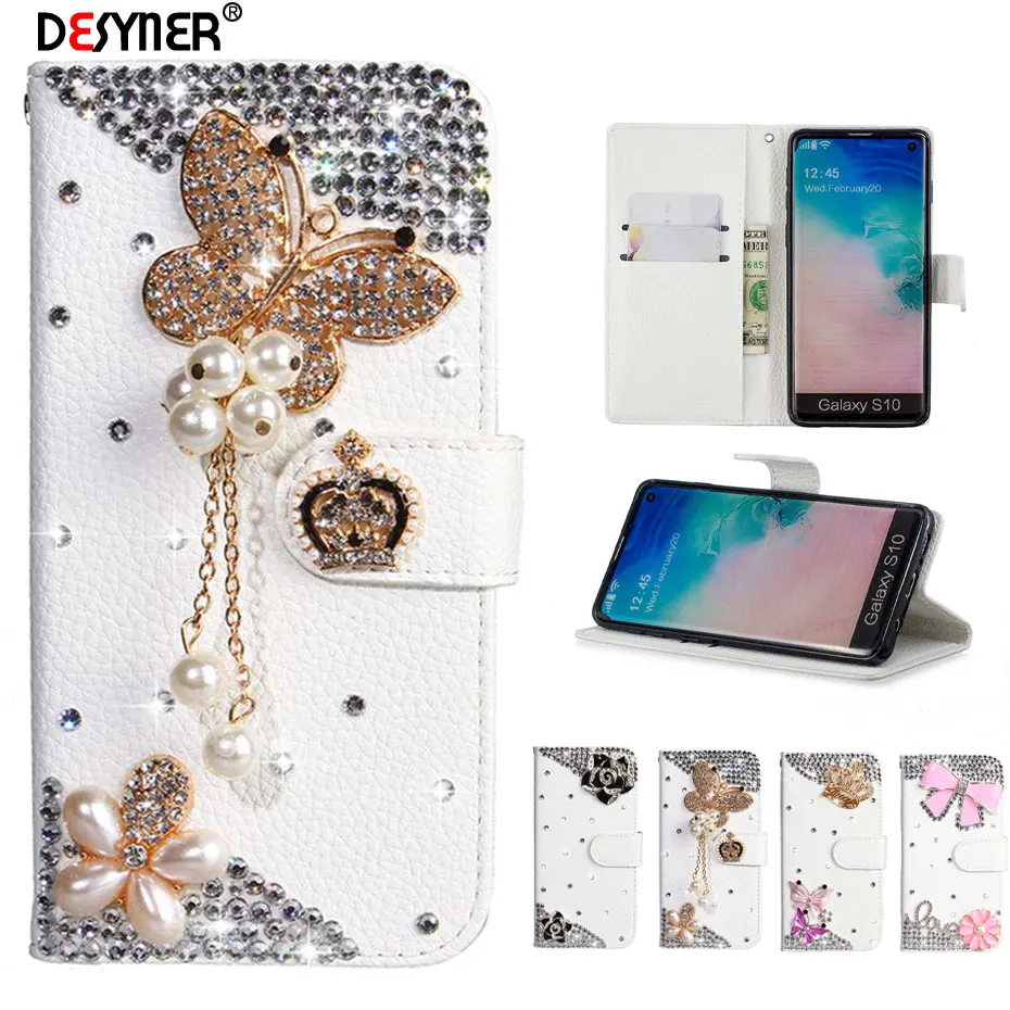 Кожаный флип чехол со стразами и для Samsung Galaxy S10 A20 E 5G S9 S8 Plus Note 10Pro A10 A30 A40 A50 A70 M10 M20