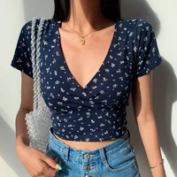 indie women cottagecore floral print ladies tops 2021 summer fashion sexy v neck short sleeve crop top female clothing plus size