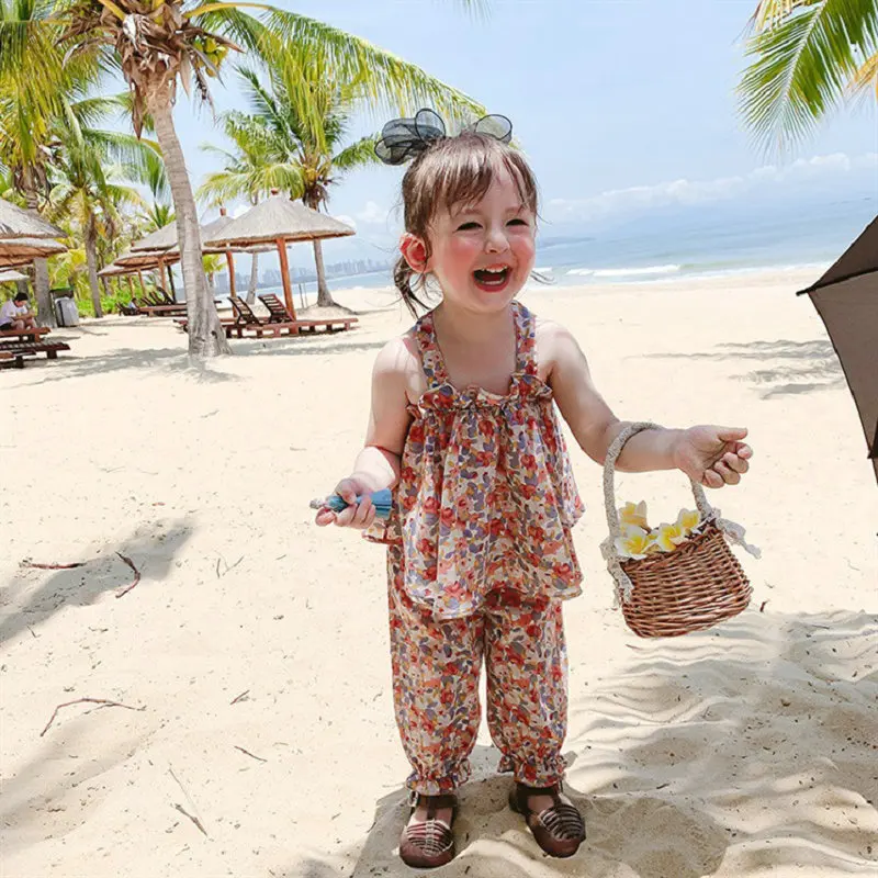 baby girl summer printed clothing set strap tops shirts+pants toddlers kids fashion casual flowers suits child clothes 2-8age | Мать и