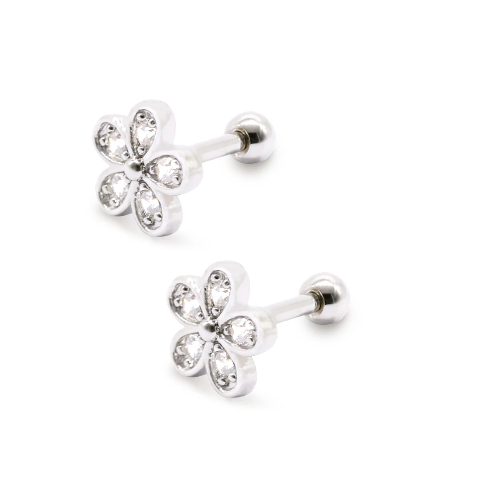 

2Pcs 16G Stainless Steel Crystal Flowers Ear Cartilage Pierce Earrings Labret Stud Hypoallergenic Body Jewelry For Wmen&Girls