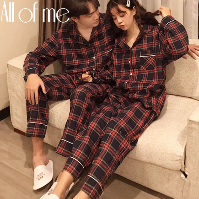 

1Set Couple Pajamas Set Fashion Grid Color Homewear for Women Men Sleepwear Soft Cotton Pyjamas Couples Pijamas Mujer Home Suits
