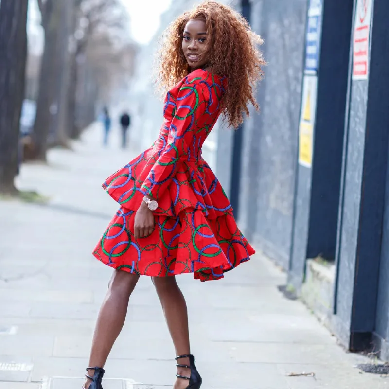 

Fashion African Dresses for Women Autumn Long Sleeve African Dashiki Layered Dress with Belt Party Plus Size Womens Clothing