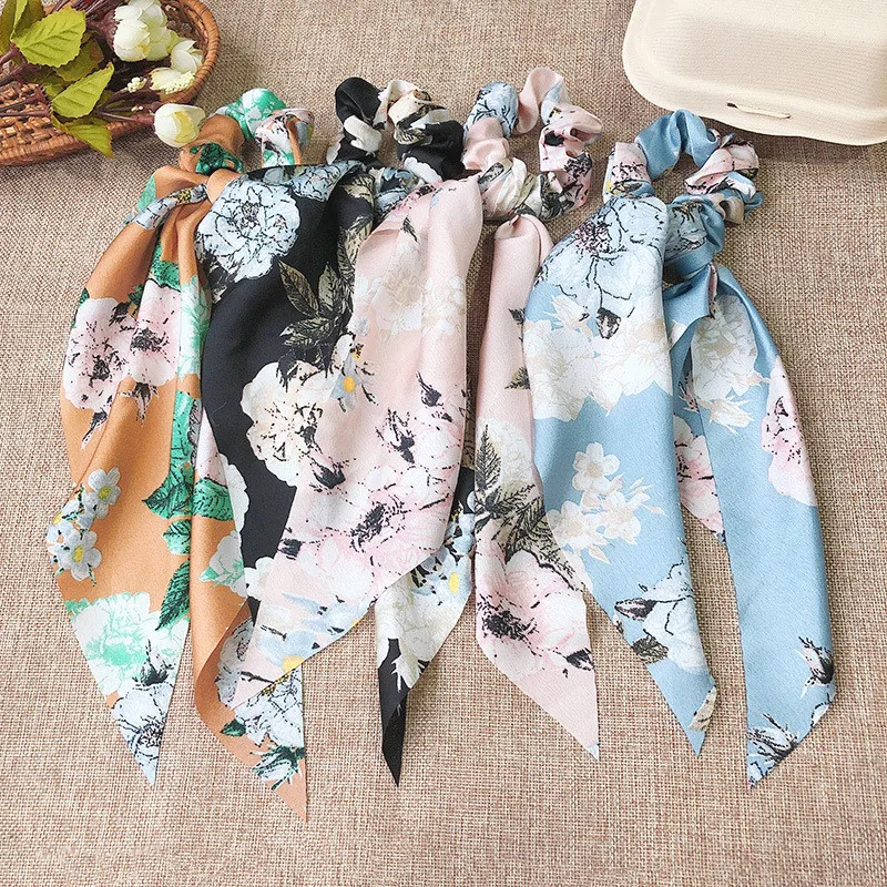 

5pcs Fashion Floral Print Scrunchies Hair ribbon For Women Ponytail scarf Satin Silk Elastic Hair Bands Hair Accessories