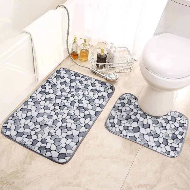 

2pcs/set Bath Mat Set Non Slip Water Absorbent Flannel Bathroom Toliet Rug Cobblestone Shower Room Carpet Home Floor Mats Set
