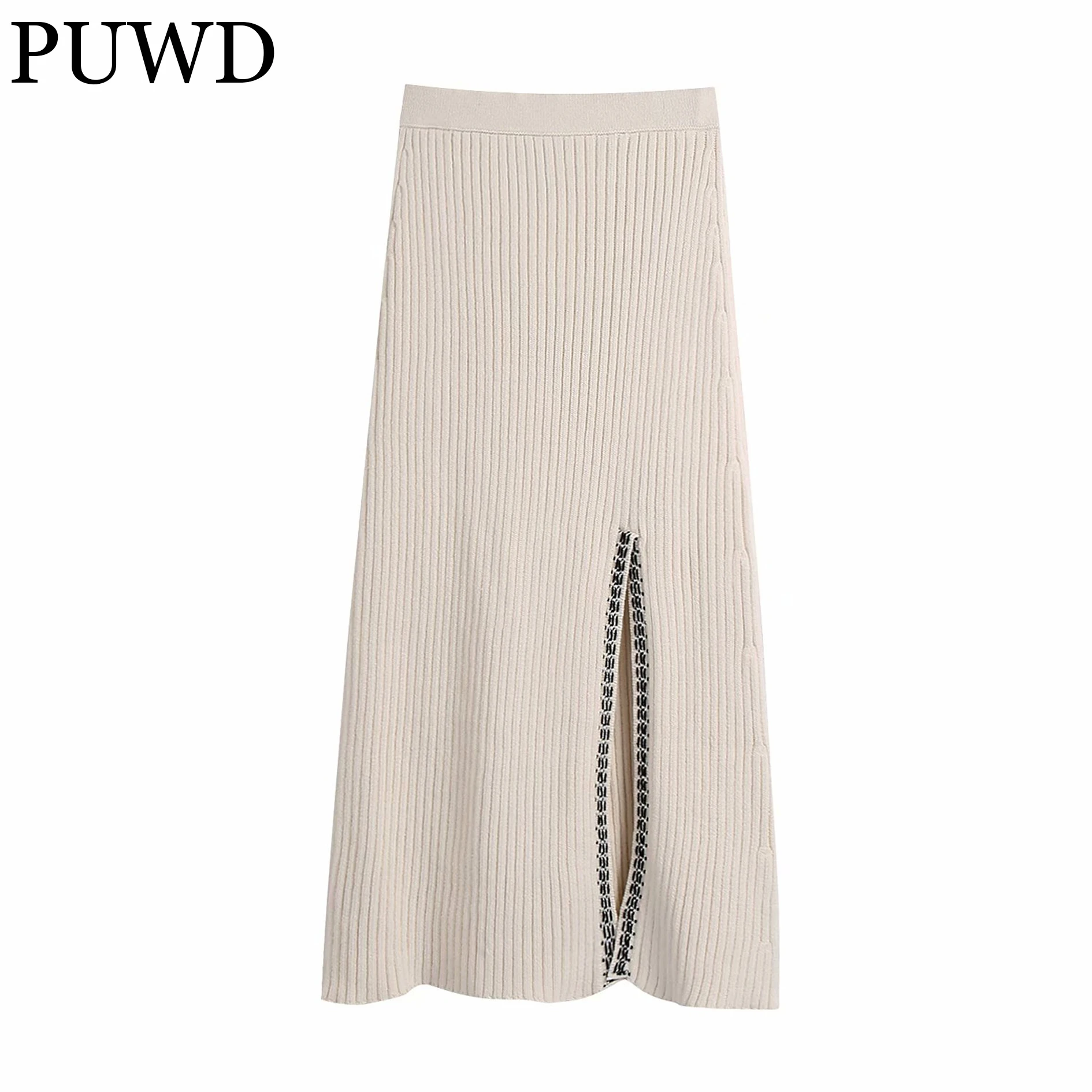 

Женская трикотажная юбка PUWD с высокой талией, модель сезона осень-зима 2021 года, Повседневная Уличная одежда с разрезом, однотонная трендова...