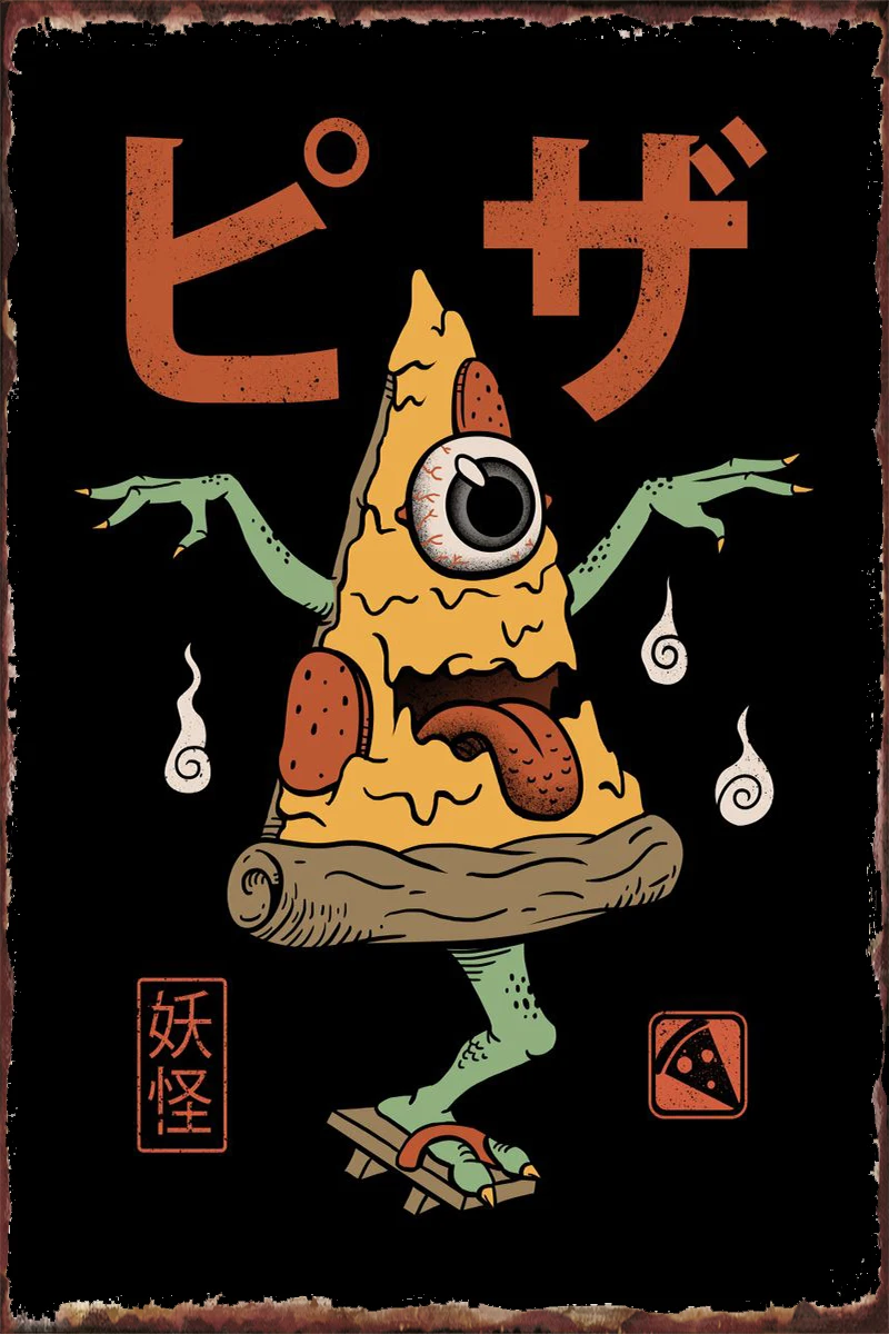 

Жестяная Табличка Yokai для пиццы, декор для стен, винтажный металлический знак в стиле ретро, для художественной мужской пещеры, кафе, паба, до...