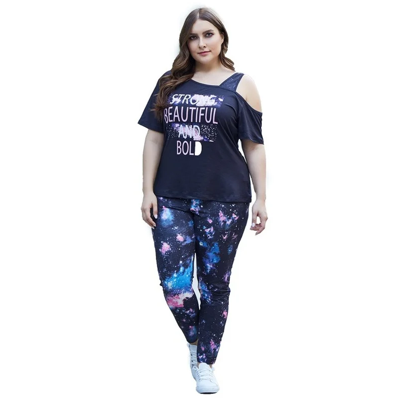

Large size women's two-piece suit 4xl casual loose starry sky letter printing strapless short-sleeved oversized T-shirt trousers