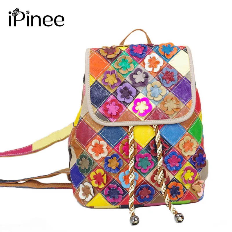 iPinee Fashion Women Backpack With Applique Flowers Summer New Design Female Genuine Leather Bag Casual School Bags Cowhide