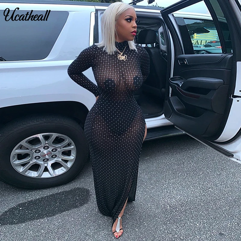 Женское прозрачное Сетчатое платье макси с длинным рукавом модное свободное