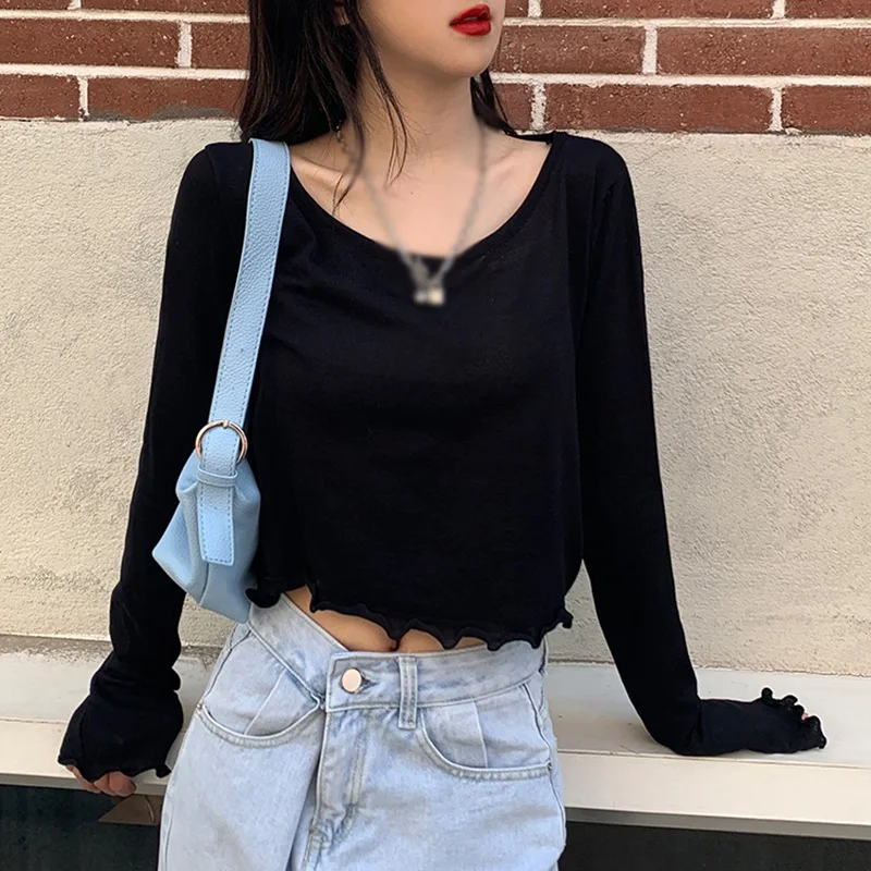

Spring Summer Korean Style Fashion All-Match Solid Color Loose Thin Sunscreen Knitted Short Style Short-Sleeved Top T-Shirt New