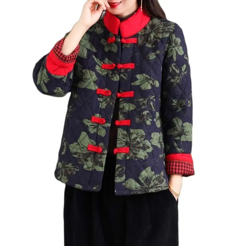 

Women Warm Cotton Padded Coa Tang Suit Cotton-Padded Jacket Winter 2021 New Ethnic Style Short Ladies Overcoat Splicing Outwear