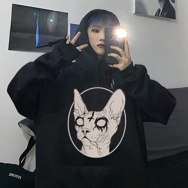 New 2022 Death Metal Sphynx Cat sweatShirt Black Metal Witchy sweatShirt Gothic Steampunk Hipster sweatShirt Sphynx Cat Graphic