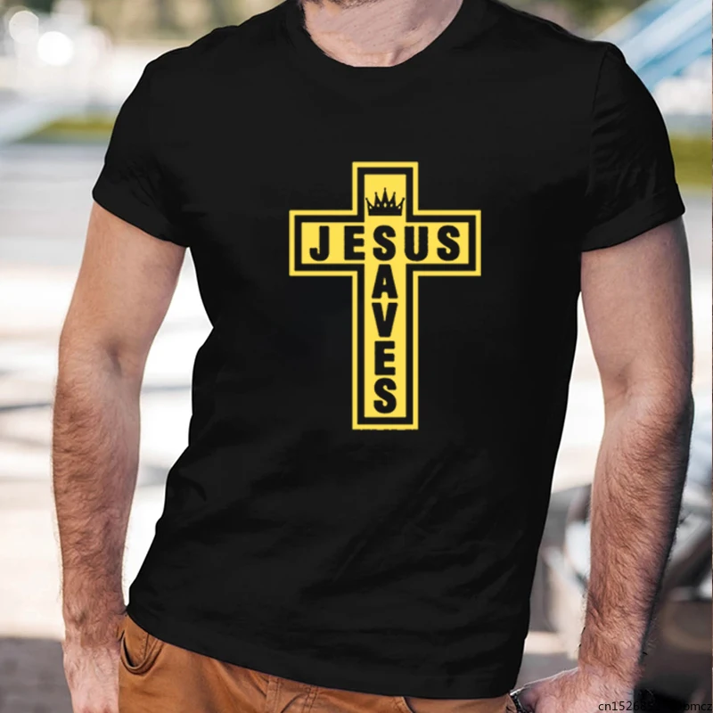 

2021 Hot Sale Jesus Saves Christian Cross Men's Lycra T Shirt Fashion Summer Casual Short Sleeve Black White O-Neck Tops Tee