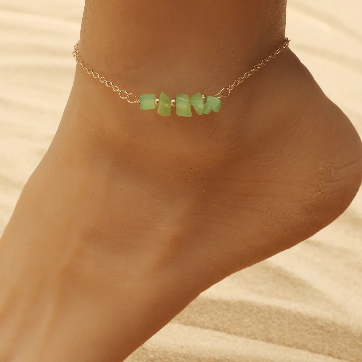 

Creative Retro Anklet Green Stone Anklet Geometric Figure Pendant Beach Chain Personality Simple Foot OrnamentQW135