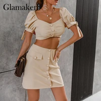 glamaker office ladies a line two piece suits puff sleeve top and pocket slim mini skirt summer square collar casual sets 2021