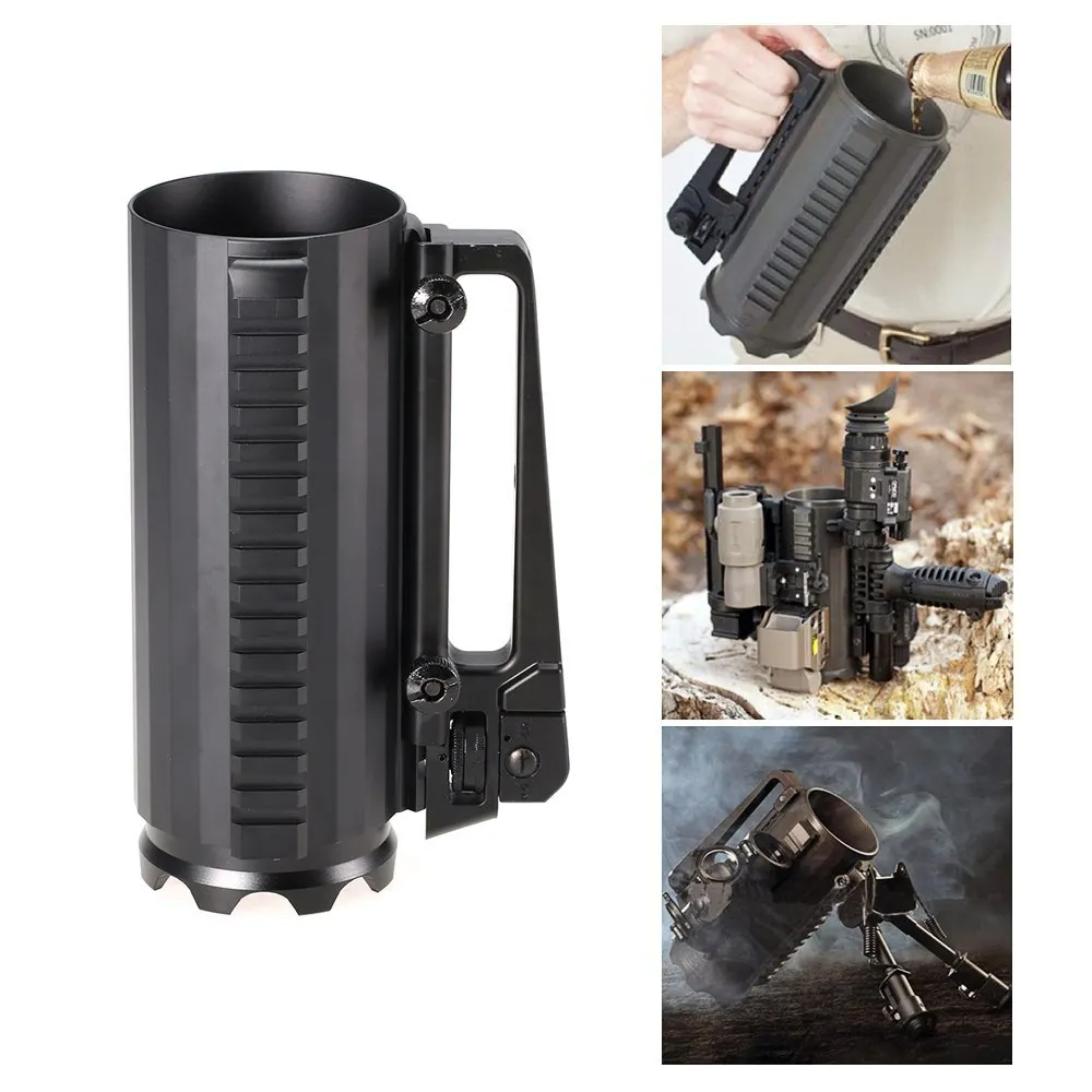 Tactical Military Aluminum Detachable Carry Battle Rail Mug Outdoor Hunting Sport Solid Beer Cup with Rail and Rear Sight Handle