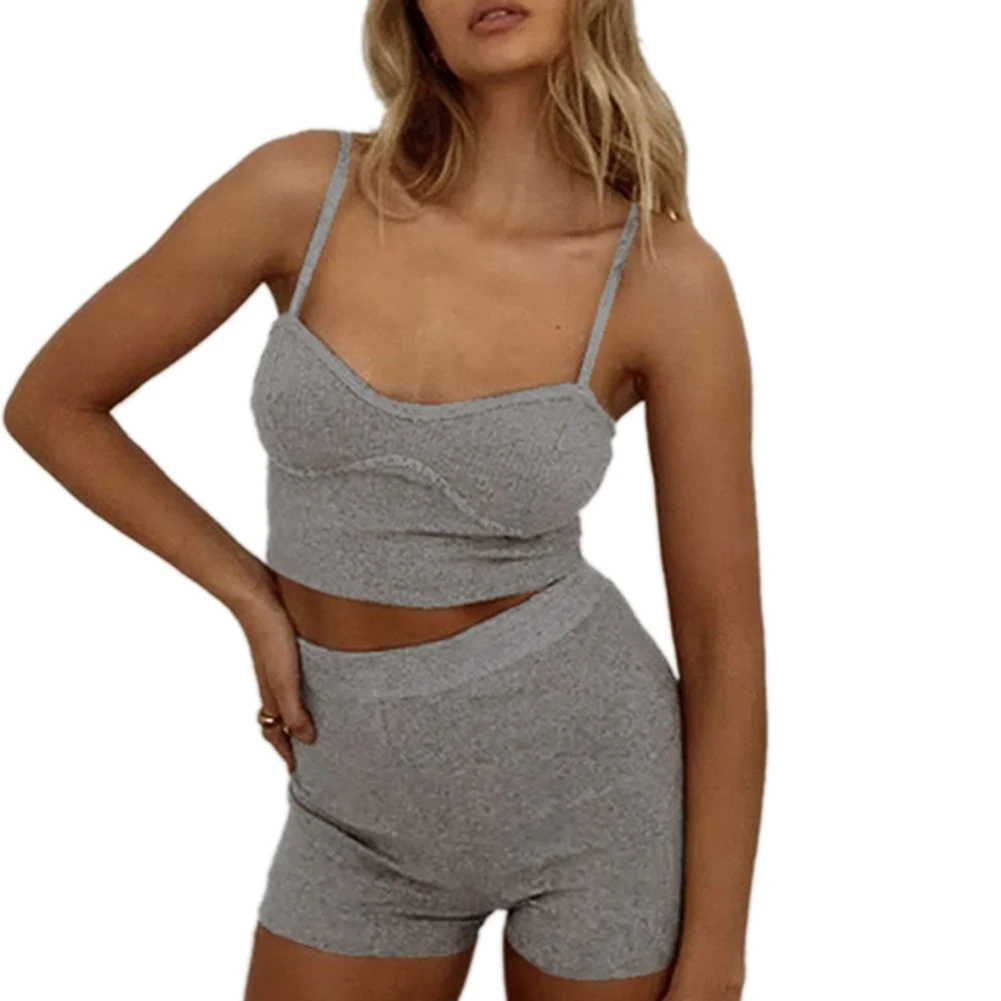 

2020 Two Piece Set Women Sports Solid Suit Sleeveless Bra Crop Top Blouses Shorts Workout Clothes Tracksuit Summer Sexy Clubwear