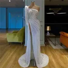 Вечерние платья 2021 Русалка для женщин Дубай, Турция на одно плечо с блестками и длинными рукавами официальные вечерние ночные платья для выпускного бала размера плюс