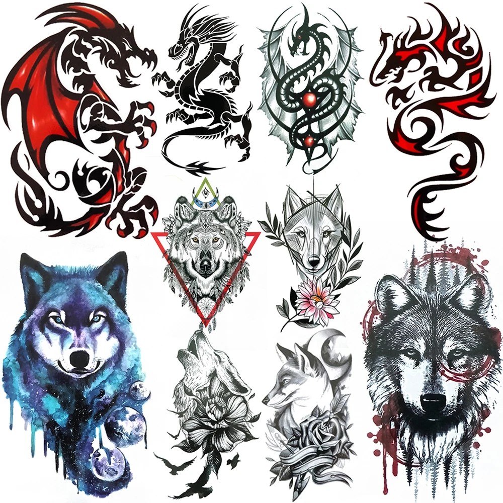 

Tribal Totem Dragon Tattoo Sticker For Women Kids Men Black Wolf Temporary Tatoo Fake Forest Moon Flower Geometric Tattoos Paste