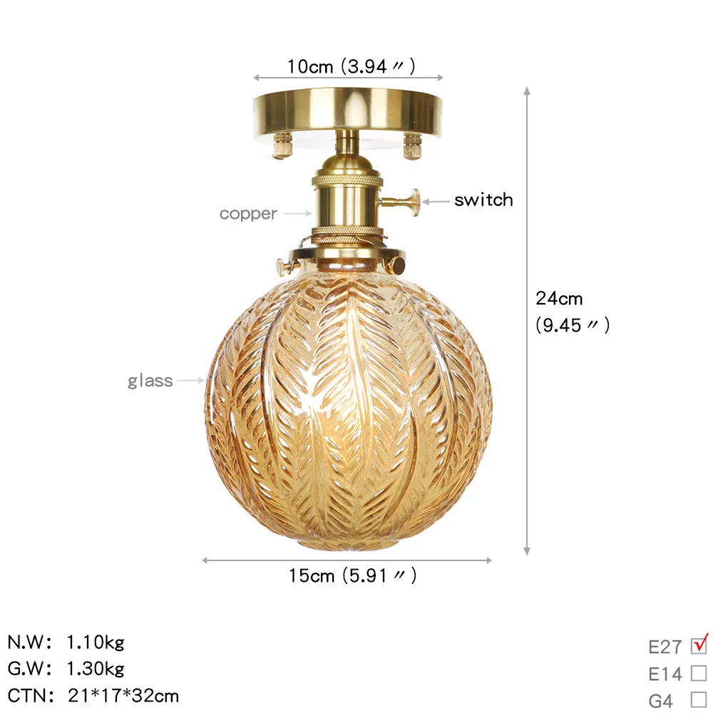 American Copper LED Ceiling Lamp Loft Decor Brass Glass Modern Light Antique Living Room Aisle Home Lighting Fixtures | Лампы и
