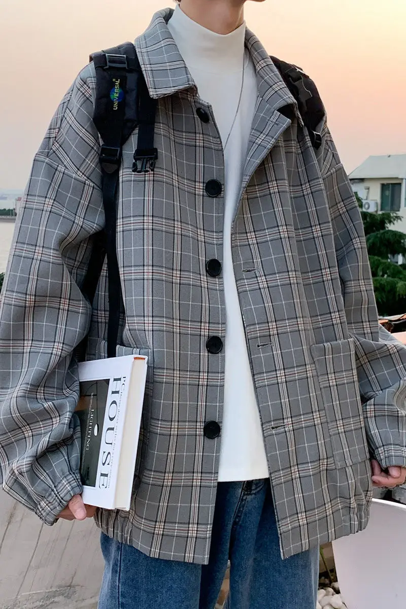 

Men's Plaid Jacket 2021 Spring Autumn New Jacket's Loose Jacket Men's Handsome Clothes Large Size M-5XL Top Men Youth Coat